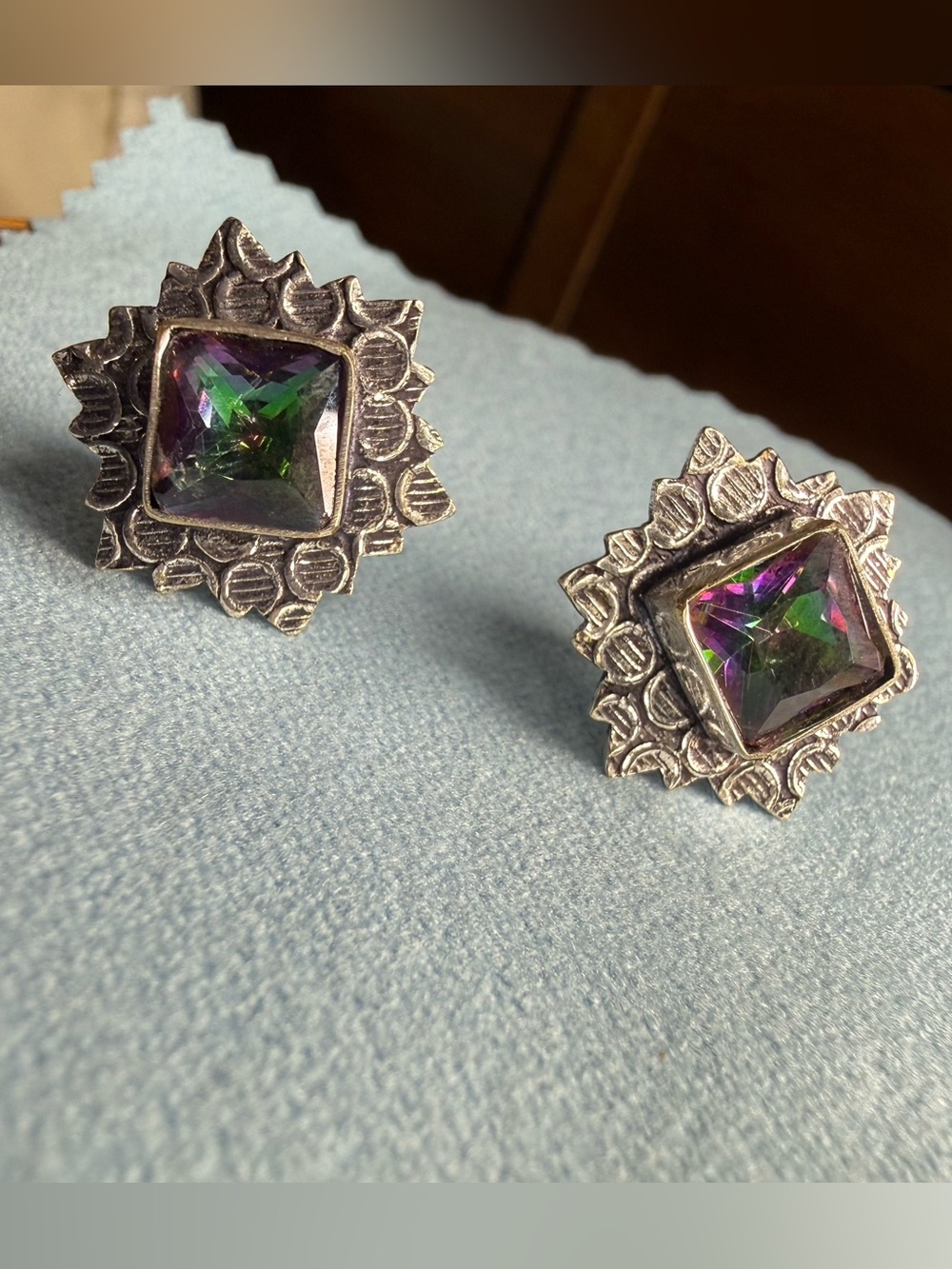 Mystic Topaz Square Sunburst Silver Earrings - Multicolor